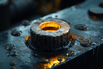 Close-up of a golden ring on a reflective metal surface
