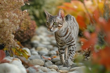 Naklejka premium Striped Cat Walking on Rocks in Autumn Garden: A Feline's Peaceful Stroll Amongst Colorful Plants