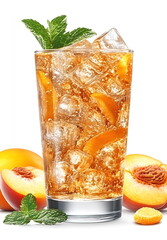 A glass of peach and orange cocktail with ice