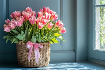 Colorful bouquet of tulips placed by a window with soft light