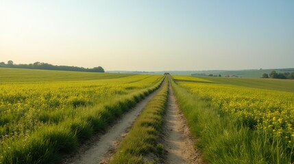 Naklejka premium Tranquil Country Road Through Vibrant Yellow Fields of Rape Blossoms