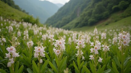 Obraz premium Serene Blooming Field of White Orchids in Lush Green Valley