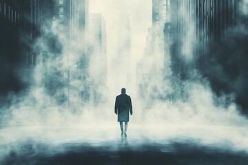 Silhouettes of people walking through a haze of toxic air, dramatic lighting