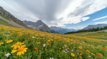 Fototapeta premium Vibrant Wildflower Meadow with Mountain Landscape Under Dramatic Sky