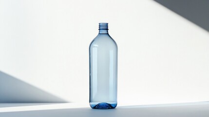 Tall clear blue water bottle on white background, studio shot, product display