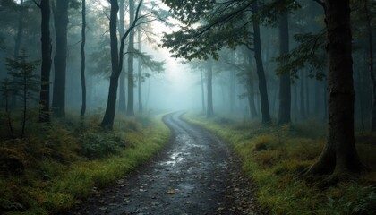 Obraz premium Serene misty forest path at dawn with lush greenery and tall trees