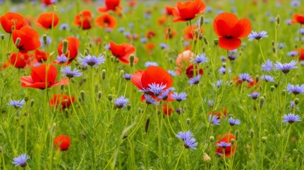 Obraz premium Vibrant Field of Poppies and Blue Cornflowers Under Bright Sky