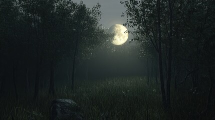 Moonlit forest scene with tall grass, shadows, and mist