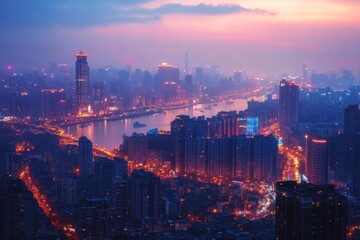 Fototapeta premium Expansive view of a glowing city at night from above