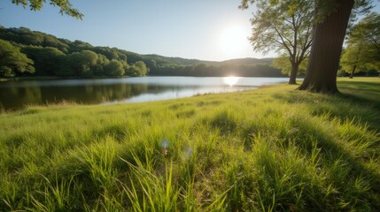 Serene Lake with Green Grass and Trees in Beautiful Nature Landscape