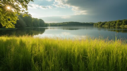 Serene Lakeside Scene with Lush Green Grass and Calm Waters