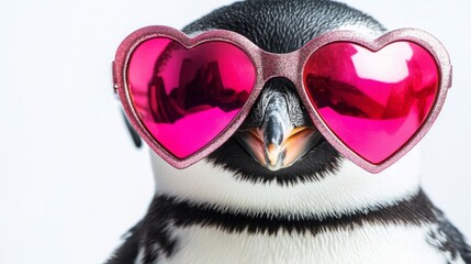 Penguin with Pink Heart Sunglasses on White Background Bird with Romantic Accessory