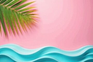 Fototapeta premium Summertime Paradise A Serene Pink Background with Tropical Palm Frond and Abstract Aqua Waves