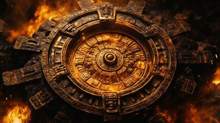 Fototapeta premium Ancient golden wheel artifact in fiery explosion