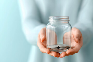 A philanthropist encouraging giving back to society, A person holding a transparent jar filled with coins, symbolizing saving and financial growth.