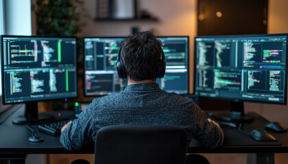 IT support specialists troubleshooting issues remotely using remote access tools, A focused individual working with multiple monitors displaying code and data, programming and technology.