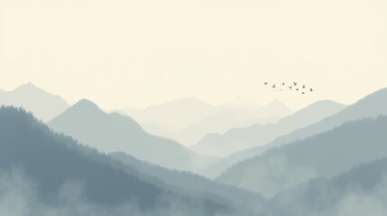 Serene Mountain Landscape with Soft Haze and Flying Birds