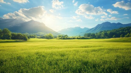 Fototapeta premium Sunny mountain meadow landscape, idyllic rural scene, perfect for travel brochures