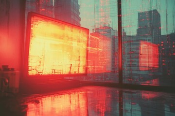 Naklejka premium Abstract cityscape reflected on wet glass during sunset