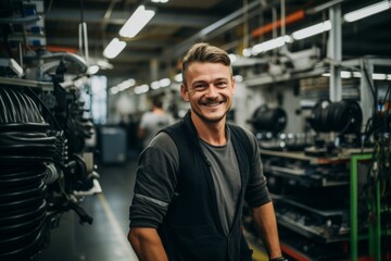 Smiling man working in automotive factory