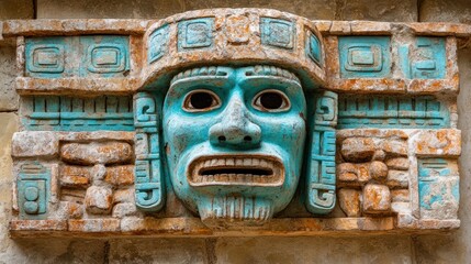 Ancient Mayan mask carving on stone wall, temple ruins