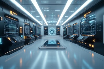 Futuristic laboratory filled with advanced glowing technology