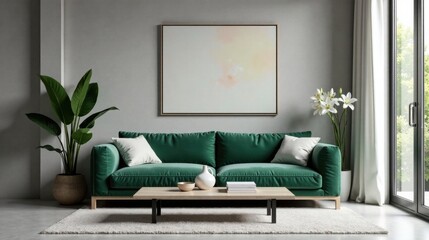 Serene Emerald Sofa in a Modern Minimalist Living Room with Natural Light and Decor
