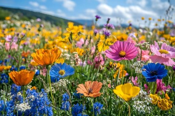 Fototapeta premium Colorful wildflowers in a sunny meadow with blue sky