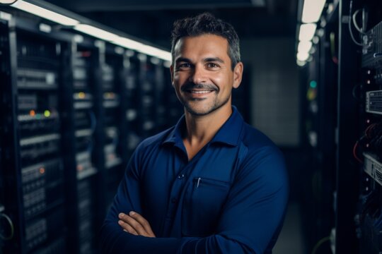 Portrait of a smiling Hispanic male technician in server room