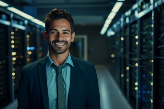 Portrait of a smiling Hispanic male technician in server room