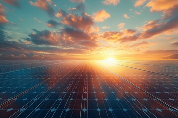 Scenic sunset with digital grid extending into the horizon