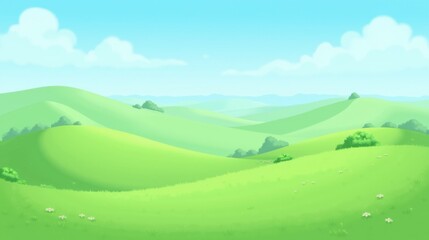 Fototapeta premium Vibrant Green Hills Under Blue Sky with Soft Clouds and Sunshine