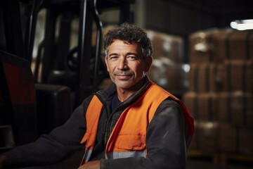 Obraz premium Portrait of a Hispanic middle aged worker leaning on pallet in warehouse