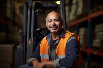Fototapeta premium Portrait of a Hispanic middle aged worker leaning on pallet in warehouse