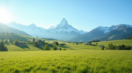 Fototapeta premium Serene Landscape with Majestic Mountains and Lush Green Fields