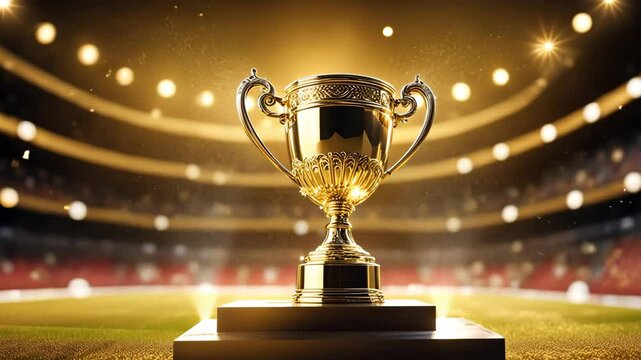 Gleaming gold winner cup on blurred background. Sport competition, football championship