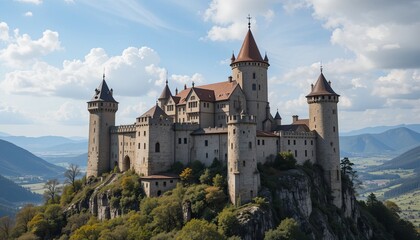 Majestic castle on a mountain romania gigapixel cgi scenic aerial view fantasy