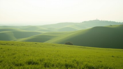Fototapeta premium Serene Green Rolling Hills Under Soft Misty Sky at Dawn