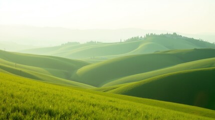 Obraz premium Lush Green Rolling Hills under Soft Morning Light in Tuscany Landscape
