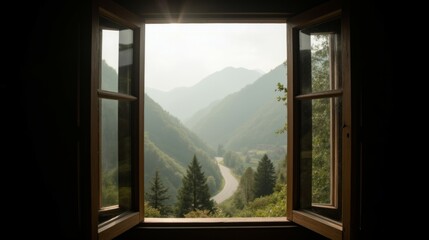 Fototapeta premium Scenic Mountain View Through Open Windows with Natural Light