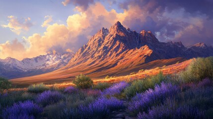 Obraz premium Majestic sunset mountain landscape, lavender field, travel poster
