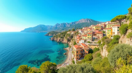 Fototapeta premium Serene Coastal Village with Colorful Houses and Clear Blue Waters