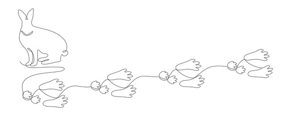Fototapeta premium Hare and tracks, drawn with continuous line in minimalism, abstract, hare feet steps, rabbit paw silhouettes stamps, trace of running or walking animal, one line, editable vector contour