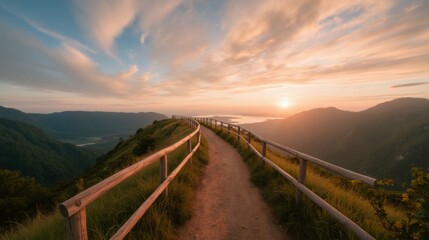 Serene Landscape Pathway with Sunset Over Mountains and Lake