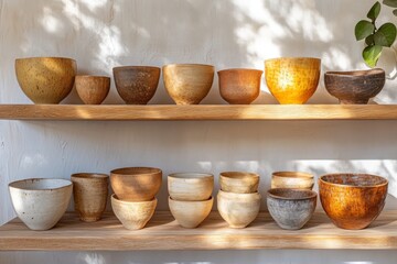 Set of wooden cups and bowls arranged on a white shelf in natural light