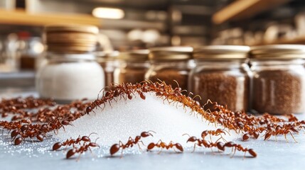 Ants carrying sugar on kitchen counter with spice jars