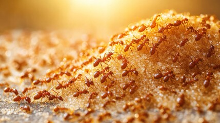 Ants carrying sugar on a mound outdoors in warm sunlight