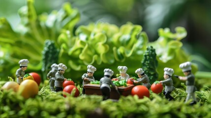 Miniature chefs preparing fresh vegetables in a lush garden, showcasing teamwork and culinary creativity
