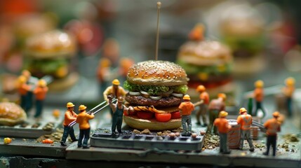 Miniature construction workers assembling a giant burger in a vibrant, bustling food scene