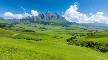 Fototapeta premium Majestic mountain range under sunny sky, green valley, travel poster